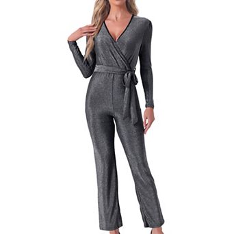 Sparkly Jumpsuit for Women V Neck Belt Night Party Clubwear Giltter Jumpsuits