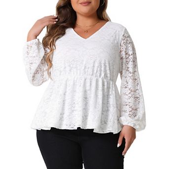 Plus Size Lace Tops for Women Casual Elegant V Neck Long Sleeve Floral Peplum Blouses Shirts
