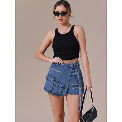 Women's Denim Skort Zipper Decor Y2K High Waisted Faux Wrap Jean Skirts
