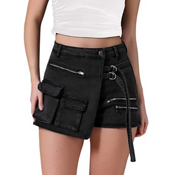 Women's Denim Skort Zipper Decor Y2K High Waisted Faux Wrap Jean Skirts