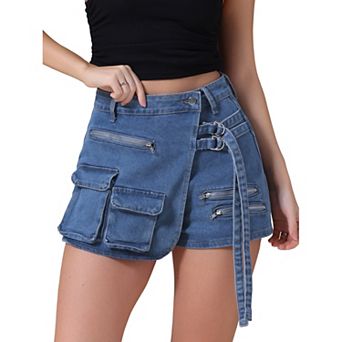Women's Denim Skort Zipper Decor Y2K High Waisted Faux Wrap Jean Skirts