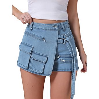 Women's Denim Skort Zipper Decor Y2K High Waisted Faux Wrap Jean Skirts
