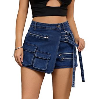 Women's Denim Skort Zipper Decor Y2K High Waisted Faux Wrap Jean Skirts
