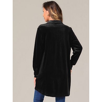 Women's Velvet Button Down T Shirts Swing Mini Dress Casual Long Sleeve Lapel Tunic Tops