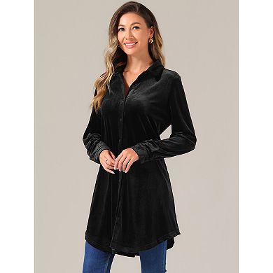 Women's Velvet Button Down T Shirts Swing Mini Dress Casual Long Sleeve Lapel Tunic Tops
