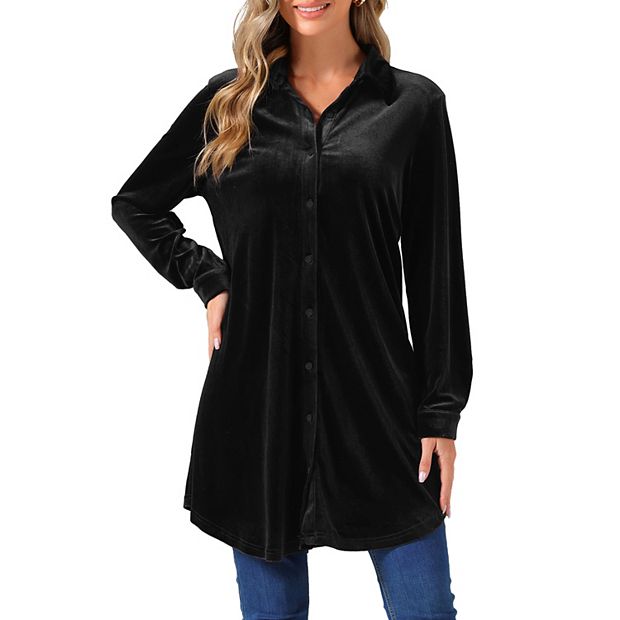 Women's Velvet Button Down T Shirts Swing Mini Dress Casual Long Sleeve  Lapel Tunic Tops