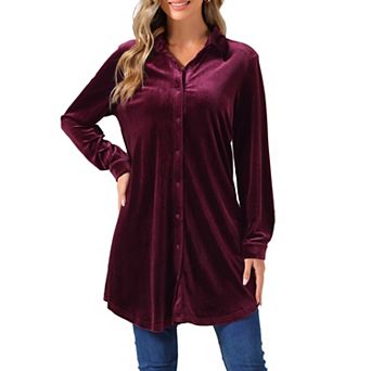 Women's Velvet Button Down T Shirts Swing Mini Dress Casual Long Sleeve Lapel Tunic Tops