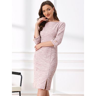 Tweed Dress for Women's Elegant Boat Neck 3/4 Sleeve Work Dress