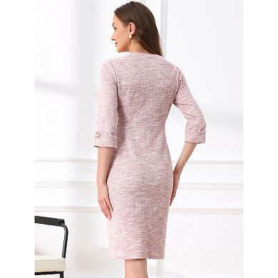 Tweed Dress for Women's Elegant Boat Neck 3/4 Sleeve Work Dress