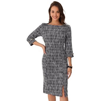 Tweed Dress for Women's Elegant Boat Neck 3/4 Sleeve Work Dress
