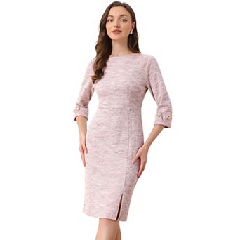 Tweed Dress for Women's Elegant Boat Neck 3/4 Sleeve Work Dress