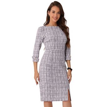 Tweed Dress for Women's Elegant Boat Neck 3/4 Sleeve Work Dress
