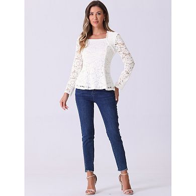 Lace Tops for Women's Square Neck Long Sleeve Stretch Elegant Casual Peplum Blouse Top