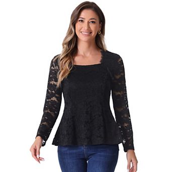 Lace Tops for Women's Square Neck Long Sleeve Stretch Elegant Casual Peplum Blouse Top