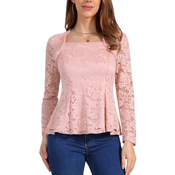Lace Tops for Women's Square Neck Long Sleeve Stretch Elegant Casual Peplum Blouse Top