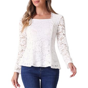 Lace Tops for Women's Square Neck Long Sleeve Stretch Elegant Casual Peplum Blouse Top