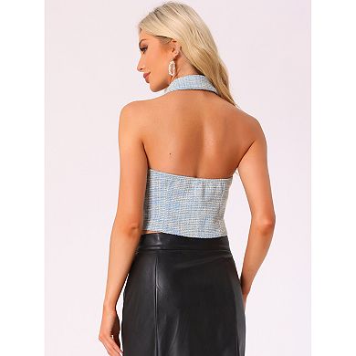Tweed Halter Neck Vest for Women's Button Front Collared Backless Casual Waistcoat Vest