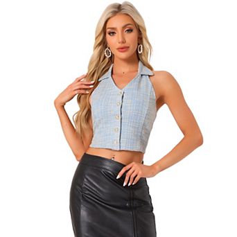 Tweed Halter Neck Vest for Women's Button Front Collared Backless Casual Waistcoat Vest