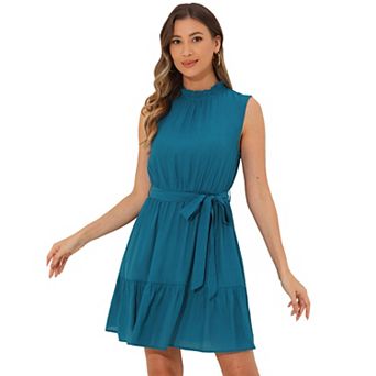 Dress for Women Sleeveless Round Neck Pleated Ruffled Tied a Line Dress