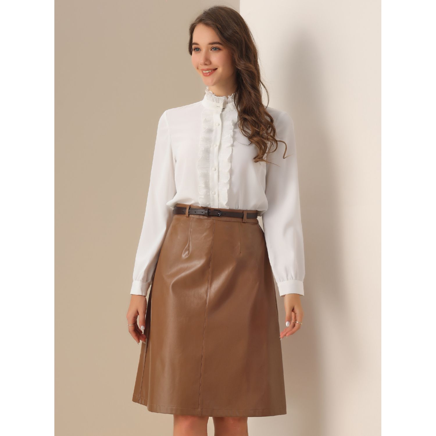 Koucla Women's High Waist Pencil Skirt - Black Faux Leather Look With Buttons