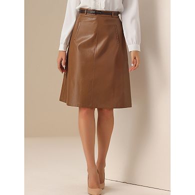 Faux Leather Skirts for Women's Belt Vintage Pencil Skirt A-Line High Waist Midi Skirt