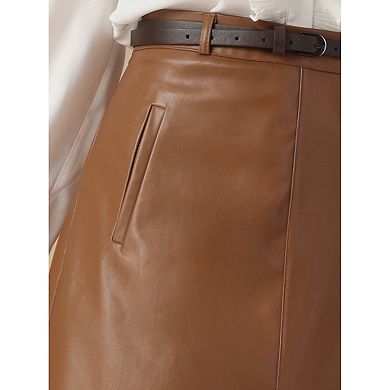 Faux Leather Skirts for Women's Belt Vintage Pencil Skirt A-Line High Waist Midi Skirt