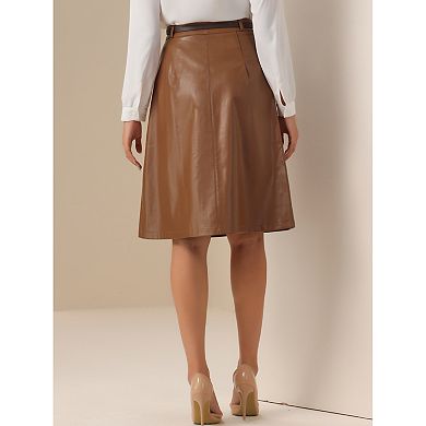 Faux Leather Skirts for Women's Belt Vintage Pencil Skirt A-Line High Waist Midi Skirt