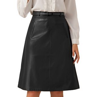 Faux Leather Skirts for Women's Belt Vintage Pencil Skirt A-Line High Waist Midi Skirt