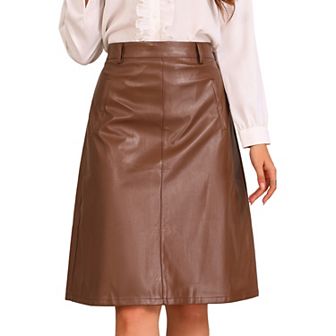 Faux Leather Skirts for Women's Belt Vintage Pencil Skirt A-Line High Waist Midi Skirt