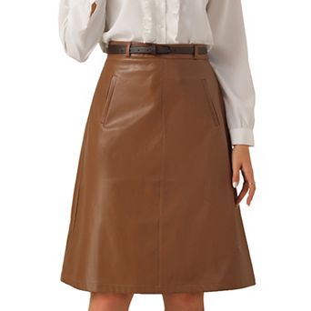 Faux Leather Skirts for Women's Belt Vintage Pencil Skirt A-Line High Waist Midi Skirt