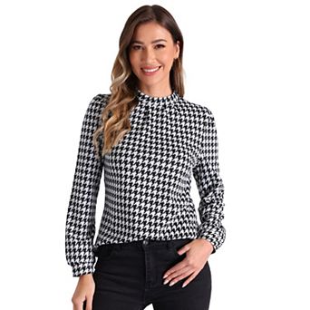 Houndstooth Print Blouse for Women's Mock Neck Long Sleeve Elegant Blouse Tops