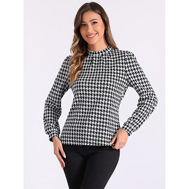 Houndstooth Print Blouse for Women's Mock Neck Long Sleeve Elegant Blouse Tops