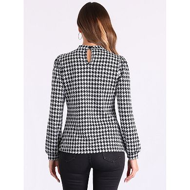 Houndstooth Print Blouse for Women's Mock Neck Long Sleeve Elegant Blouse Tops
