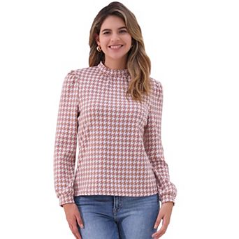 Houndstooth Print Blouse for Women's Mock Neck Long Sleeve Elegant Blouse Tops