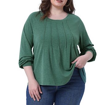 Plus Size Women's Tops Tunic Crew Neck Pleated Dressy Long Sleeve Shirts Casual Soft Blouse