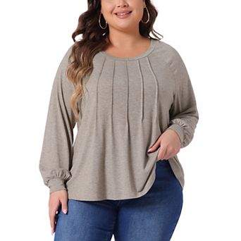 Plus Size Women's Tops Tunic Crew Neck Pleated Dressy Long Sleeve Shirts Casual Soft Blouse
