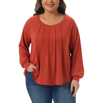 Plus Size Women's Tops Tunic Crew Neck Pleated Dressy Long Sleeve Shirts Casual Soft Blouse
