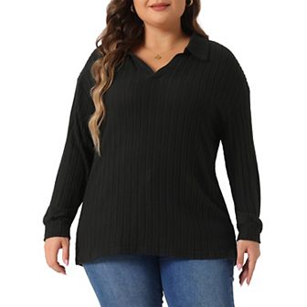 Women's Plus Size Loose Polo V Neck Long Sleeve T Shirts Tops Collared Ribbed Brushed Top Sweater