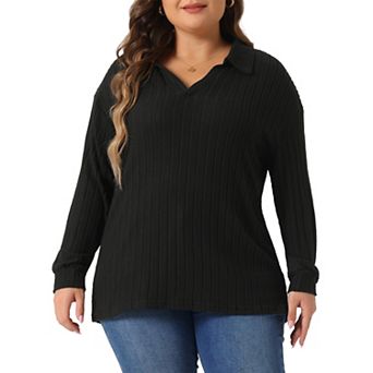 Women's Plus Size Loose Polo V Neck Long Sleeve T Shirts Tops Collared Ribbed Brushed Top Sweater