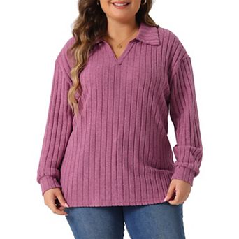 Women's Plus Size Loose Polo V Neck Long Sleeve T Shirts Tops Collared Ribbed Brushed Top Sweater