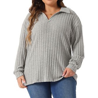 Women's Plus Size Loose Polo V Neck Long Sleeve T Shirts Tops Collared Ribbed Brushed Top Sweater