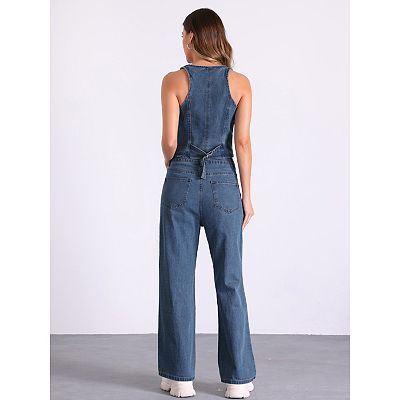 2 Piece Outfits Denim Set for Women's Sleeveless Button V Neck