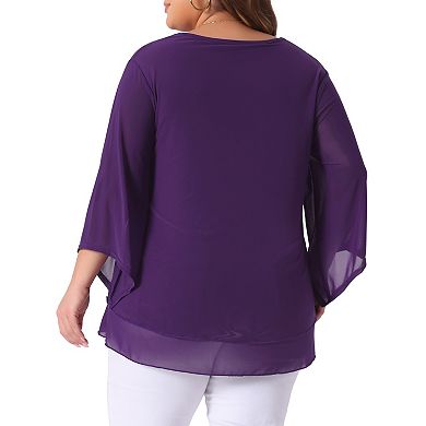 Plus Size Shirt for Women 3/4 Sleeve Scoop Neck Double Layers Chiffon Blouses Tops