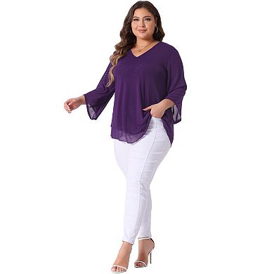 Plus Size Shirt for Women 3/4 Sleeve Scoop Neck Double Layers Chiffon Blouses Tops
