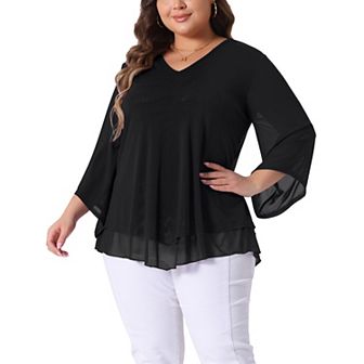 Plus Size Shirt for Women 3/4 Sleeve Scoop Neck Double Layers Chiffon Blouses Tops