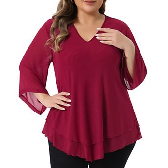 Plus Size Shirt for Women 3/4 Sleeve Scoop Neck Double Layers Chiffon Blouses Tops