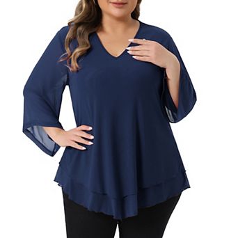 Plus Size Shirt for Women 3/4 Sleeve Scoop Neck Double Layers Chiffon Blouses Tops