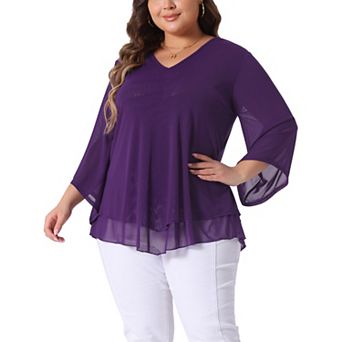 Plus Size Shirt for Women 3/4 Sleeve Scoop Neck Double Layers Chiffon Blouses Tops