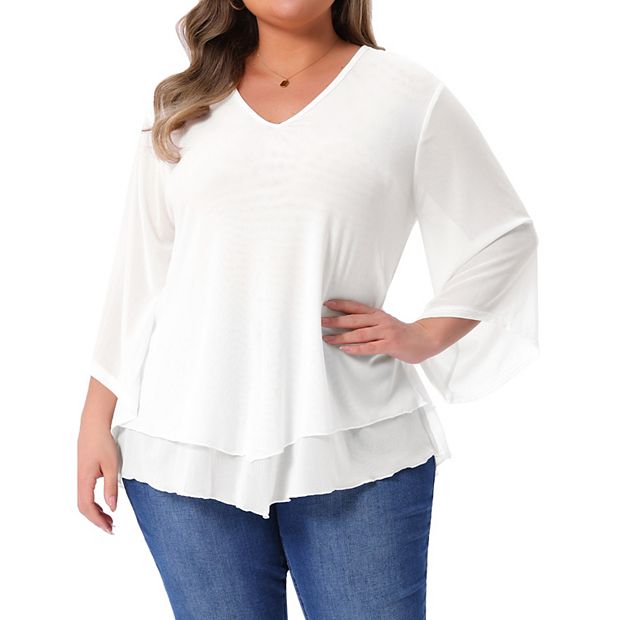 トップス CONP Double-Layer Hollow Top Plus Size Shirt for Women 3/4 Sleeve Scoop Neck Double Layers