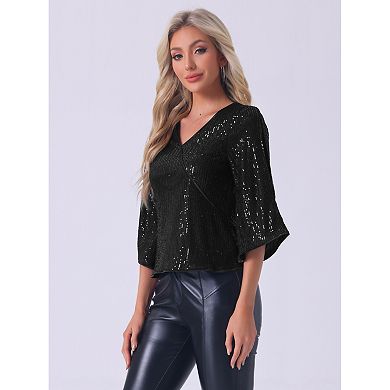 Sequin Top for Women's 3/4 Sleeve V Neck Sparkly Party Club Disco Outfit Blouse Top